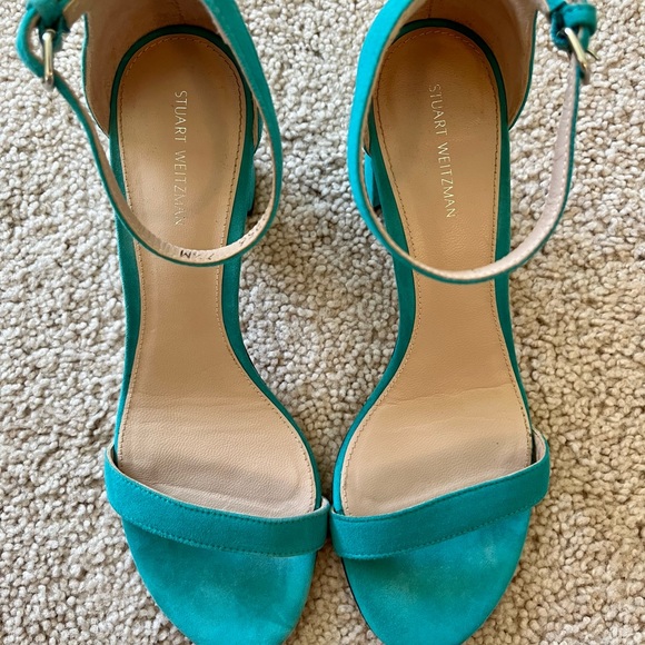 COPY - Stuart Weitzman 75 Nudistcurve Suede Block Heel Sandals in Turquoise- wo… - Picture 8 of 11